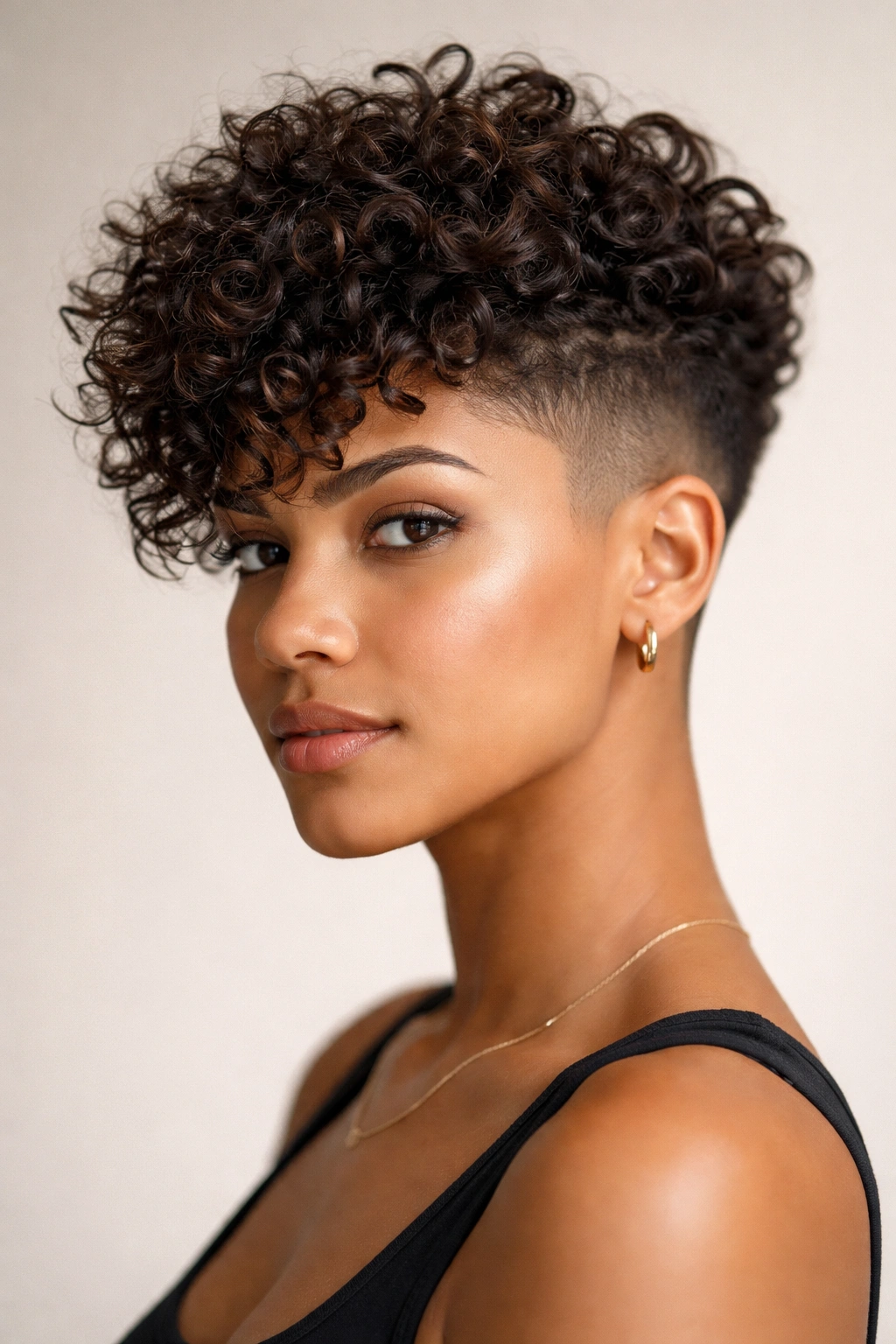 Frontal view of dramatic undercut with longer, textured curls on top