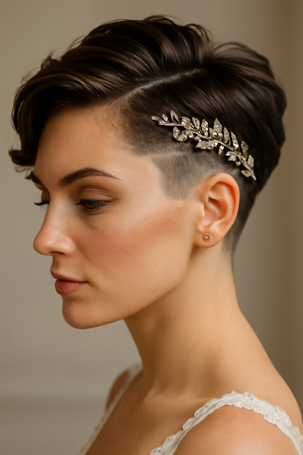 Profile view of a bold undercut with longer textured top and decorative side piece