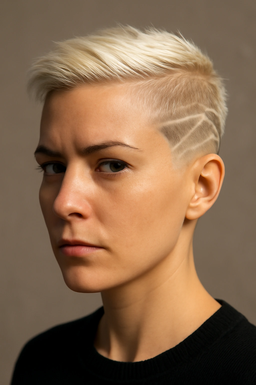 Close-up of platinum blonde undercut with geometric shaved design on the sides