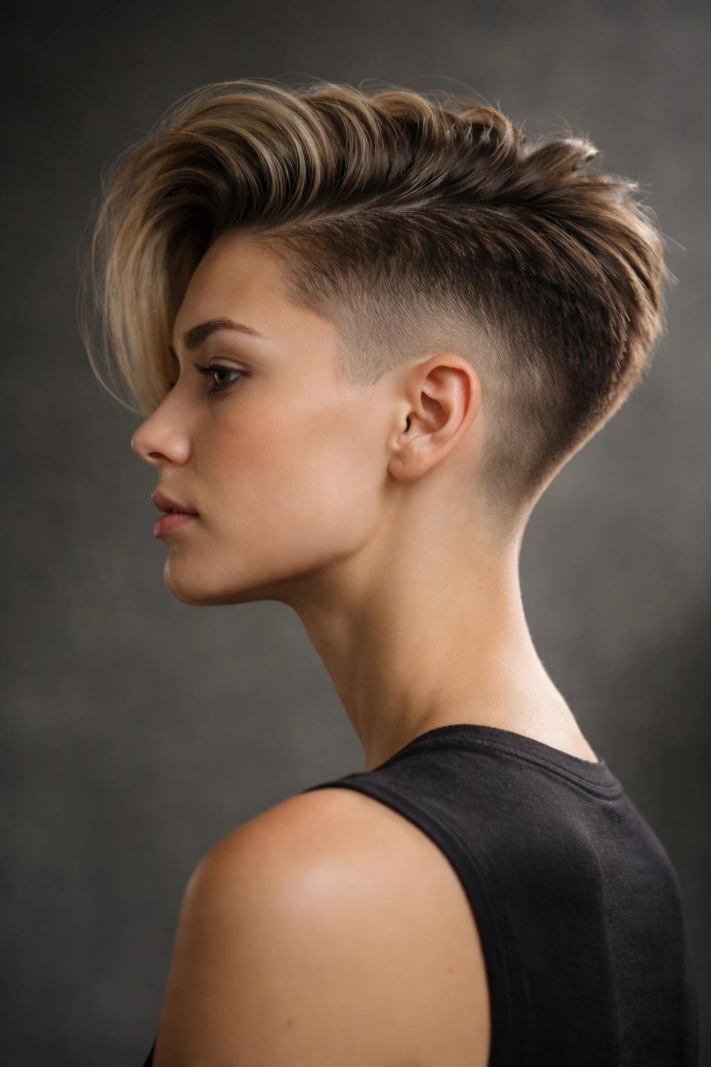 Disconnected undercut side profile with short sides and longer top, bold contrast
