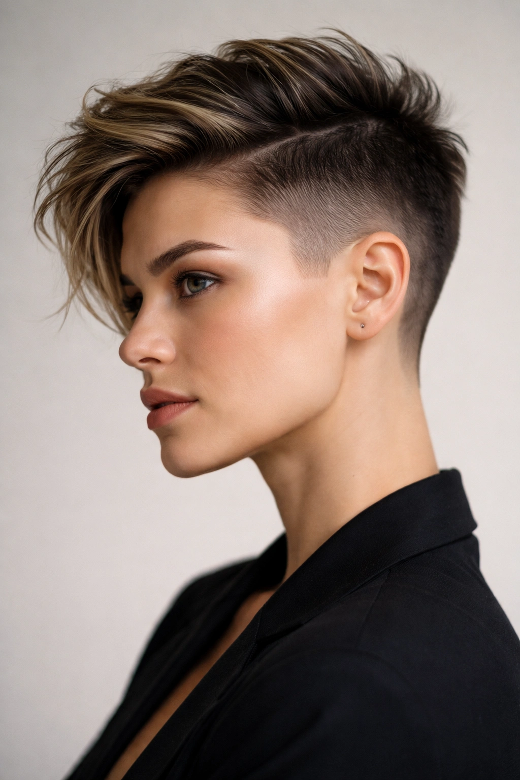 Close-up portrait showing a disconnected undercut with very short sides and a longer textured top
