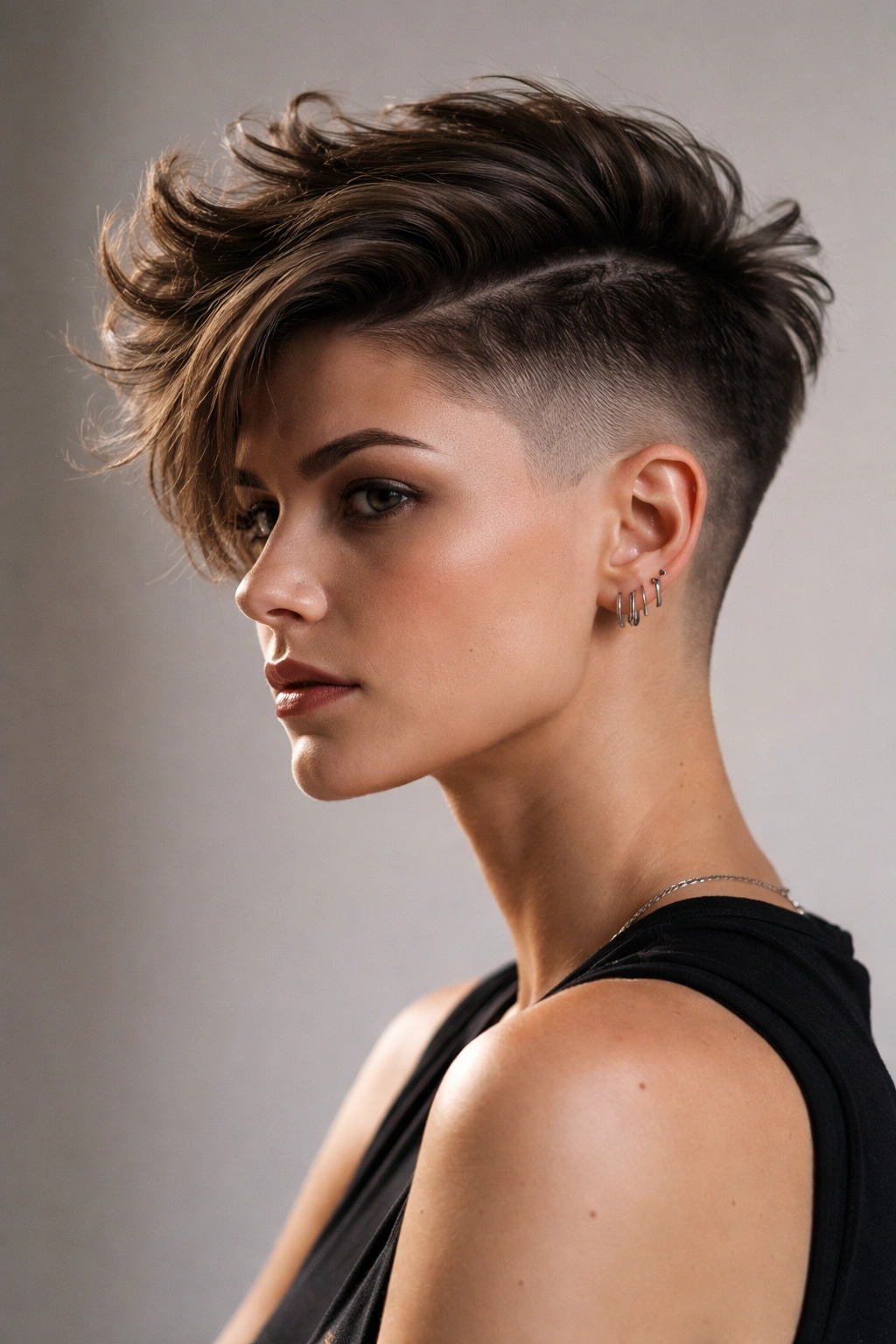 Portrait of a woman with a disconnected undercut and textured top