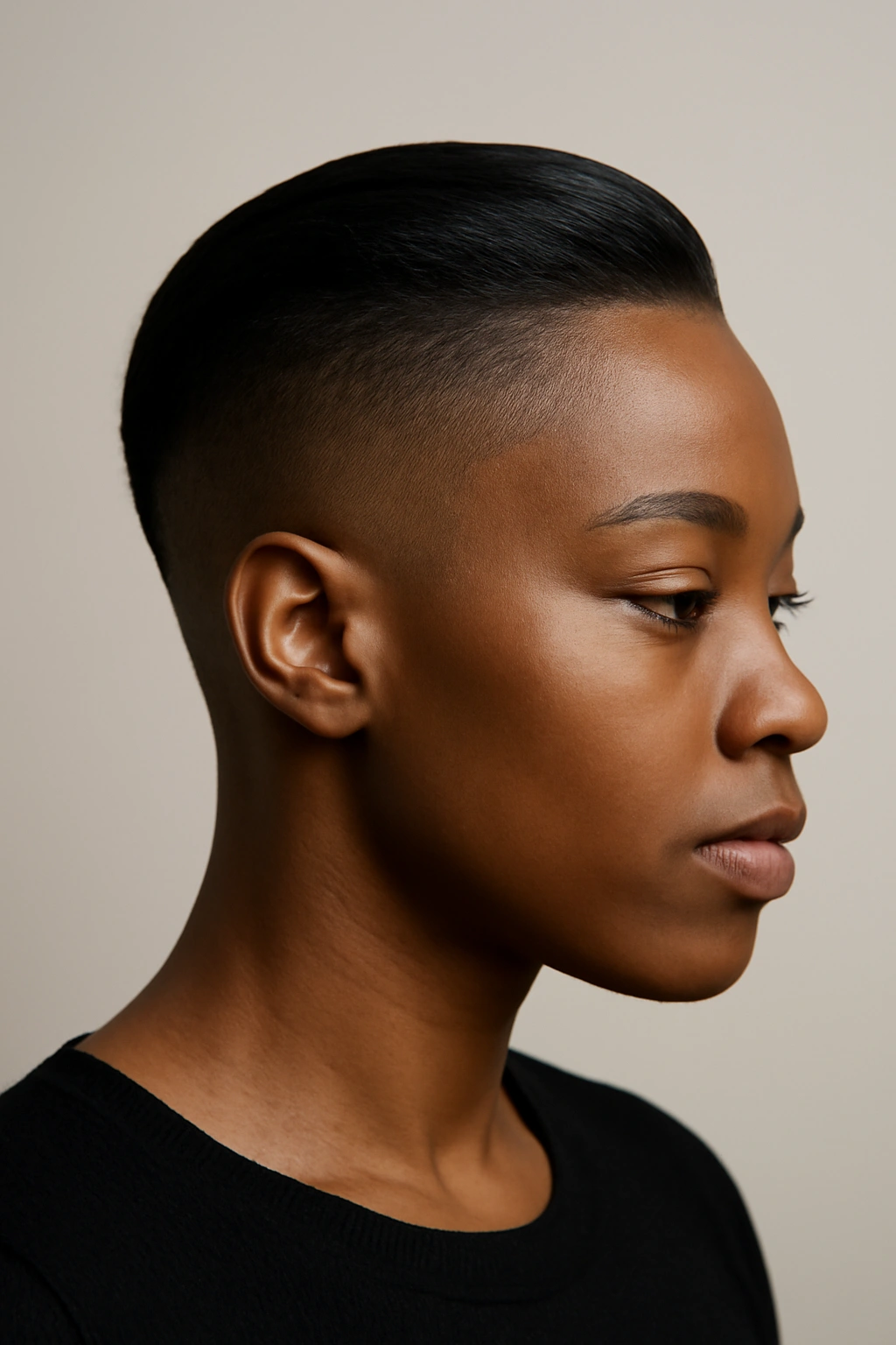 Portrait highlighting a sleek undercut fade with a sharp top and clean side fade.