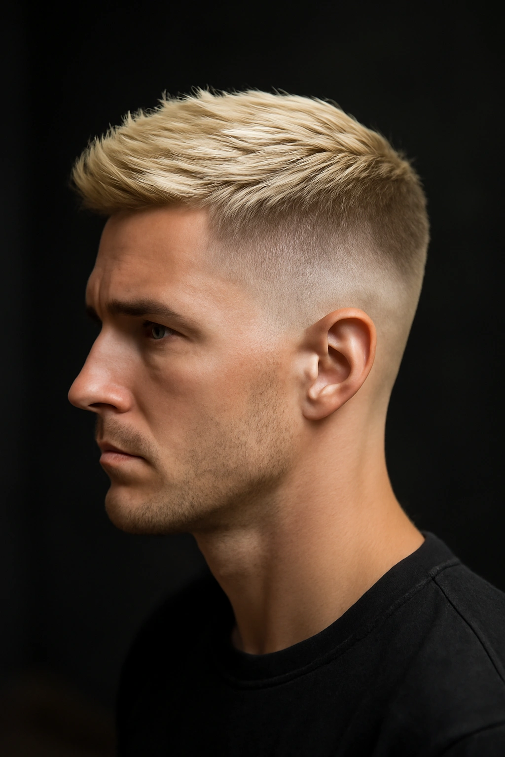 Blonde undercut fade with very short sides and longer top shown in studio portrait