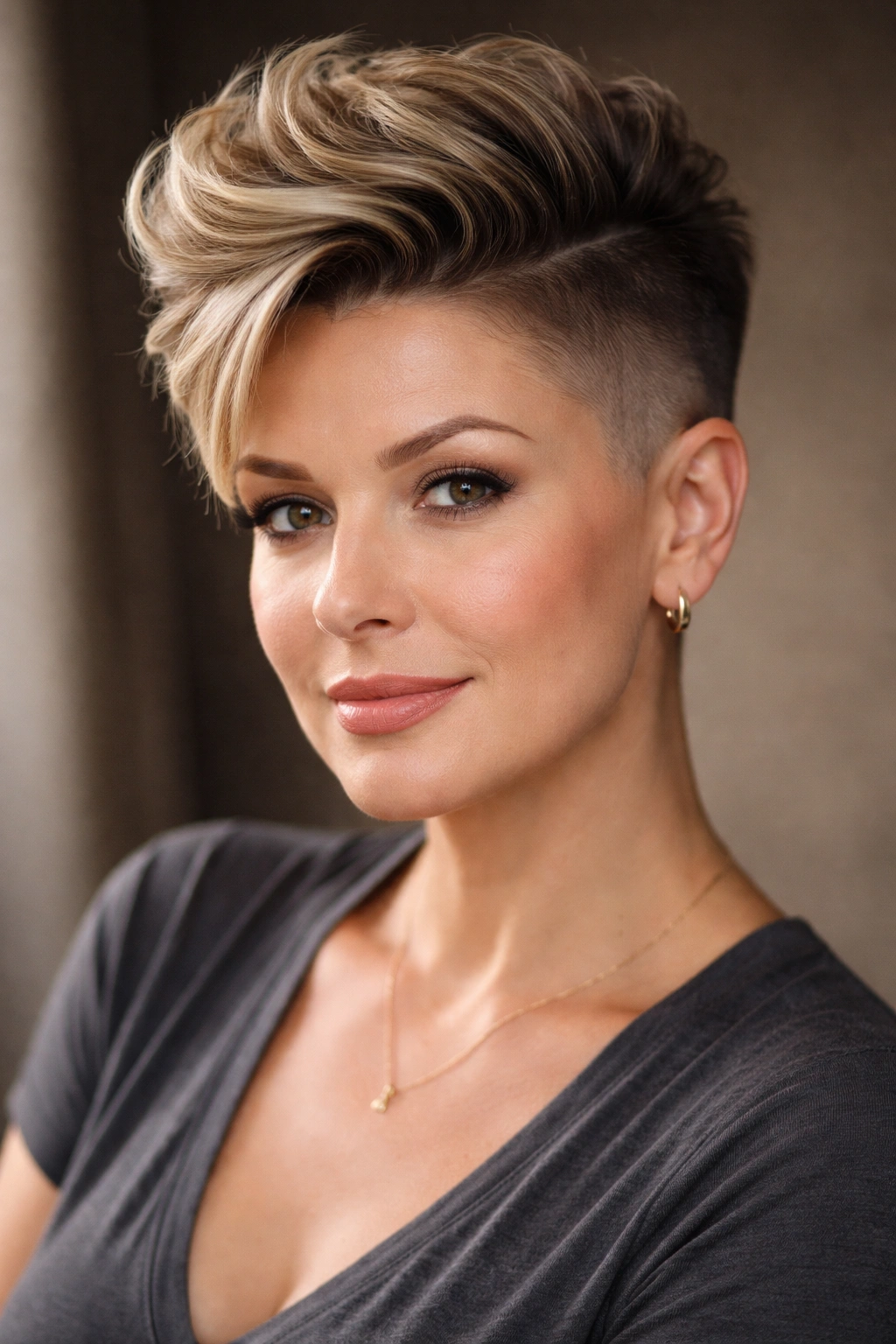 Round-faced woman with an undercut fade, long top and shaved sides