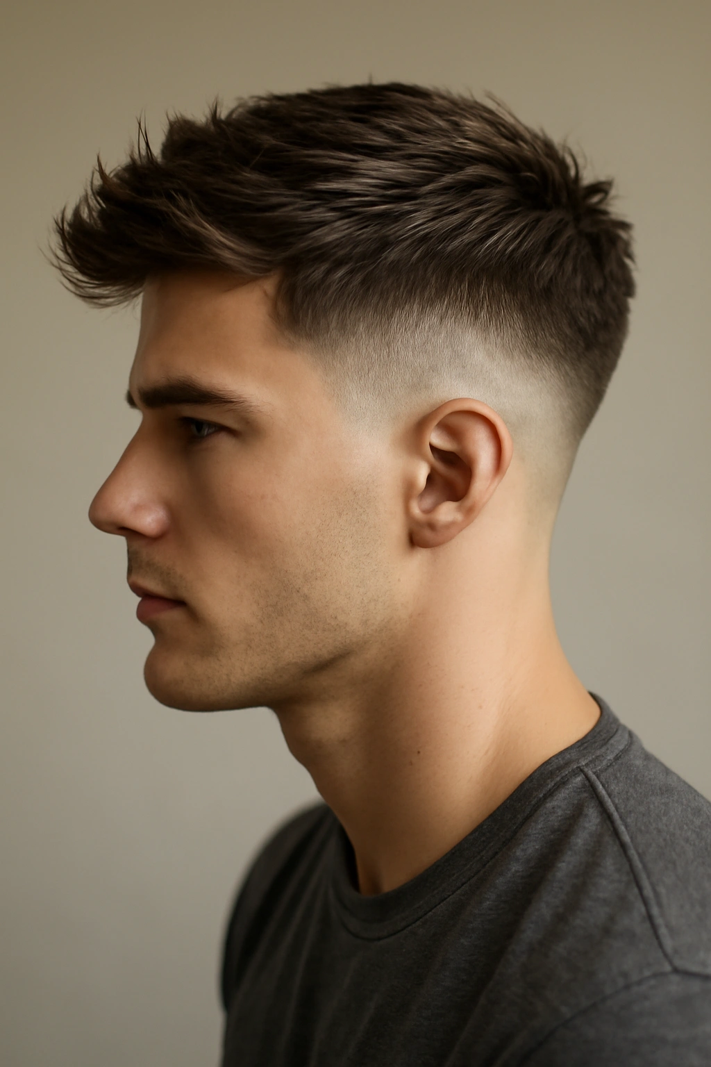 Side-profile of a person with an undercut fade and textured top