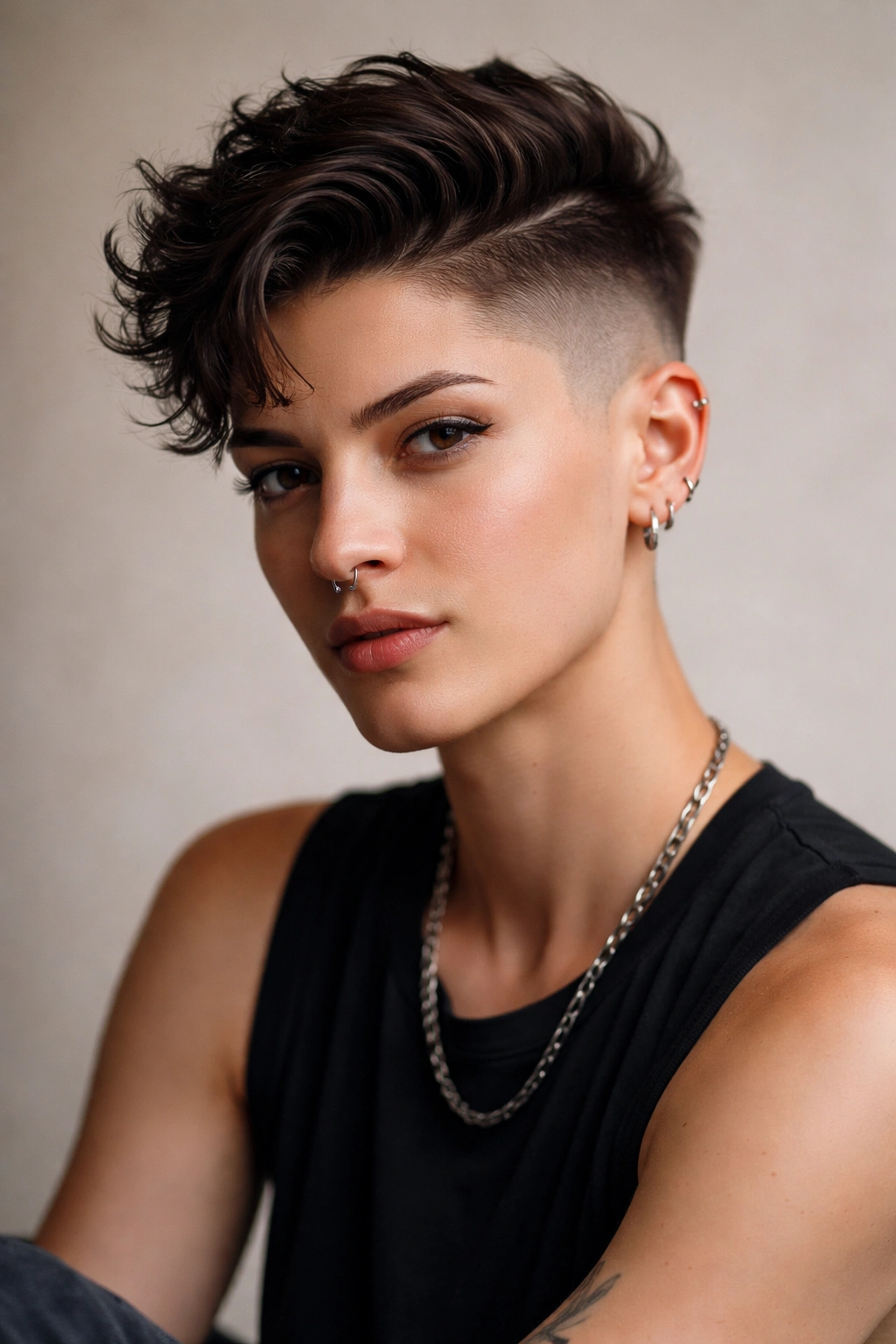 Close-up portrait of a person with an undercut featuring shaded sides and a textured top.