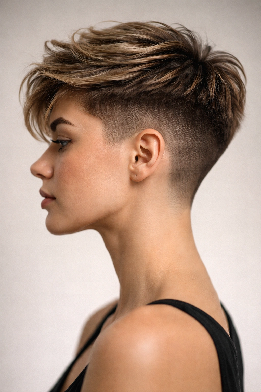 Profile portrait of a woman with textured fade undercut