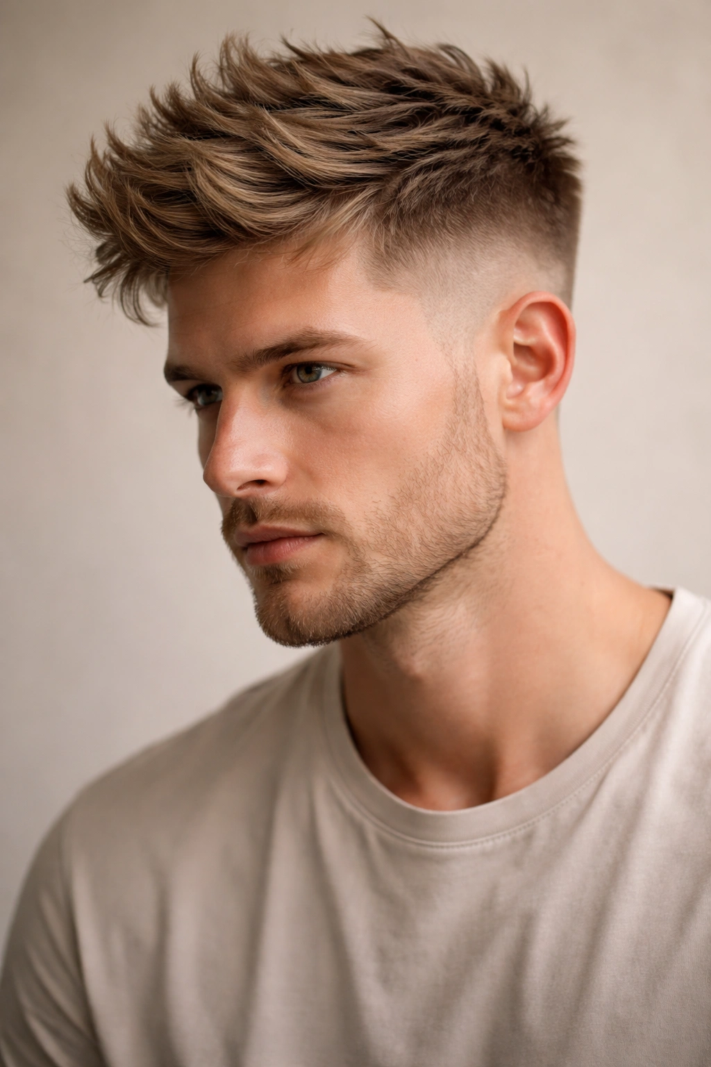 Head and shoulders portrait of a man with undercut fade and textured top hairstyle