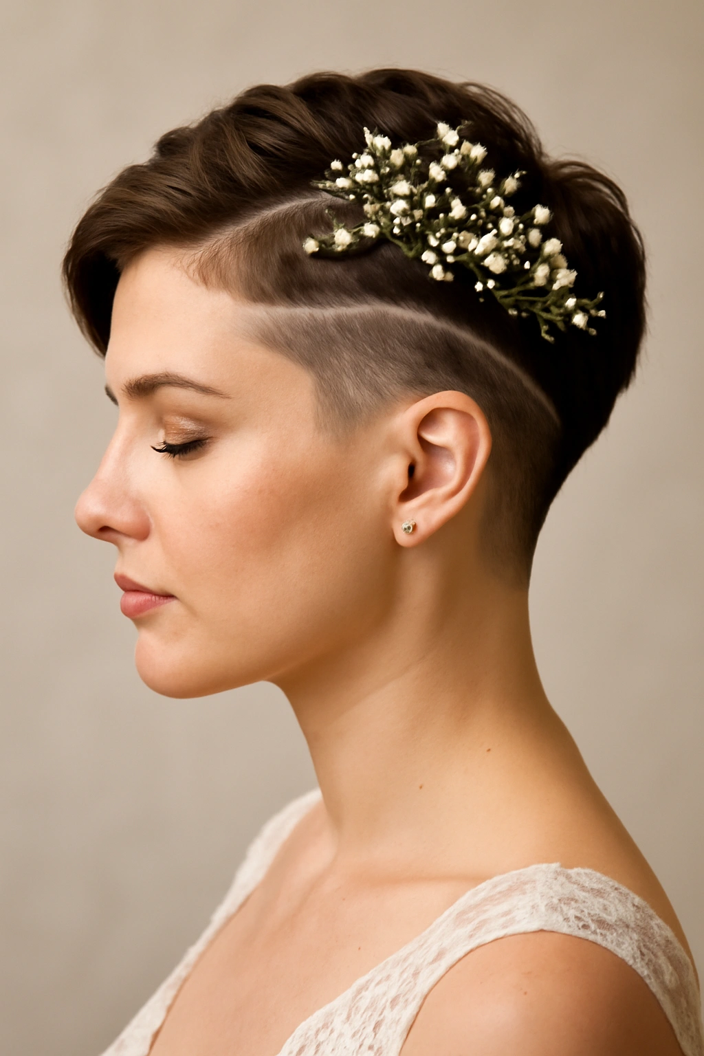 Bride with geometric undercut and floral accents woven into the top