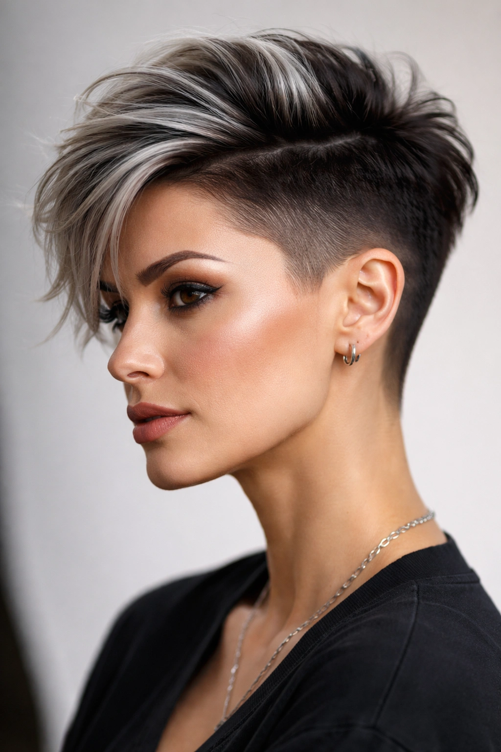 Portrait of an undercut hairstyle with gray highlights on the top