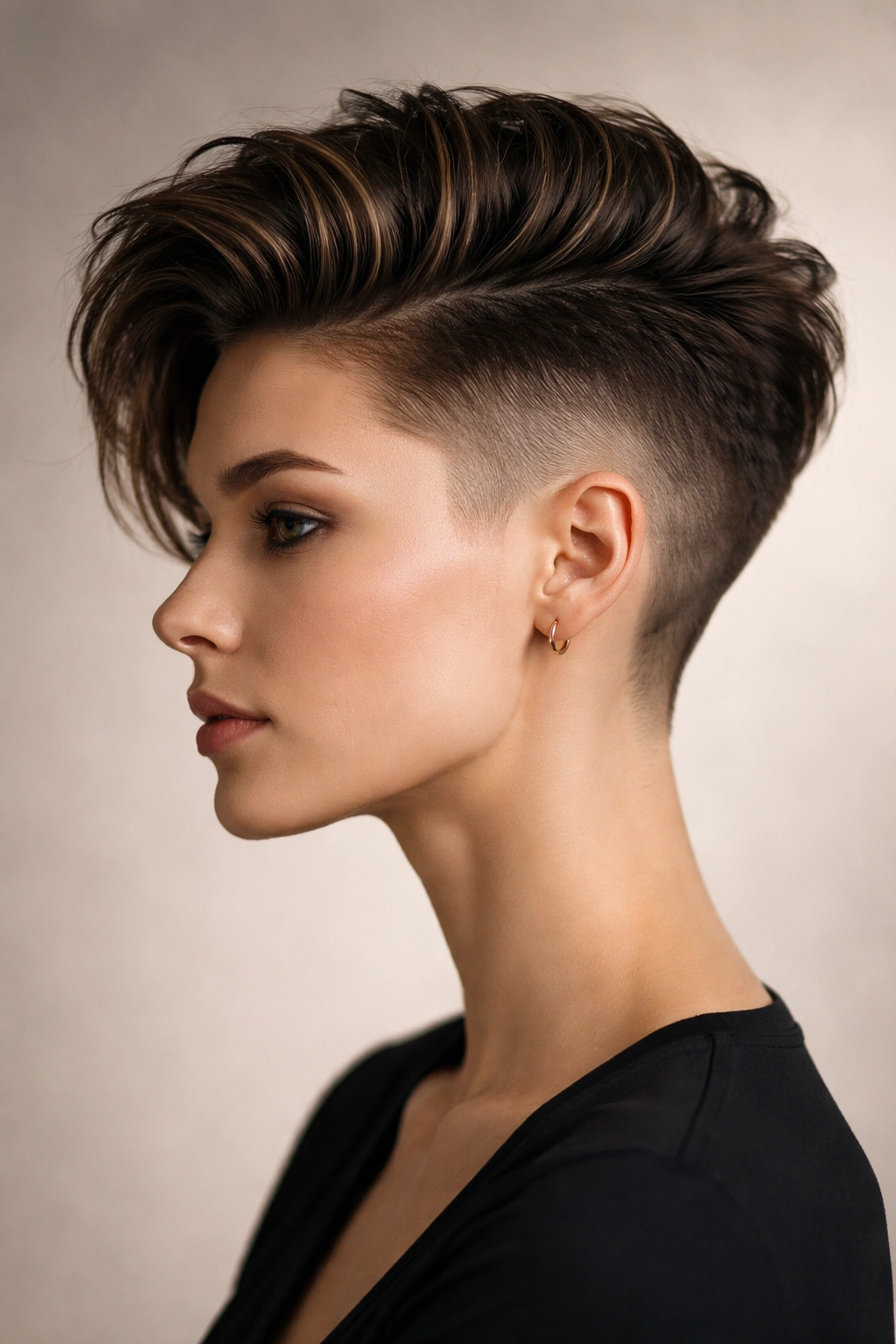 Profile view of a model with shaved sides and a longer top undercut