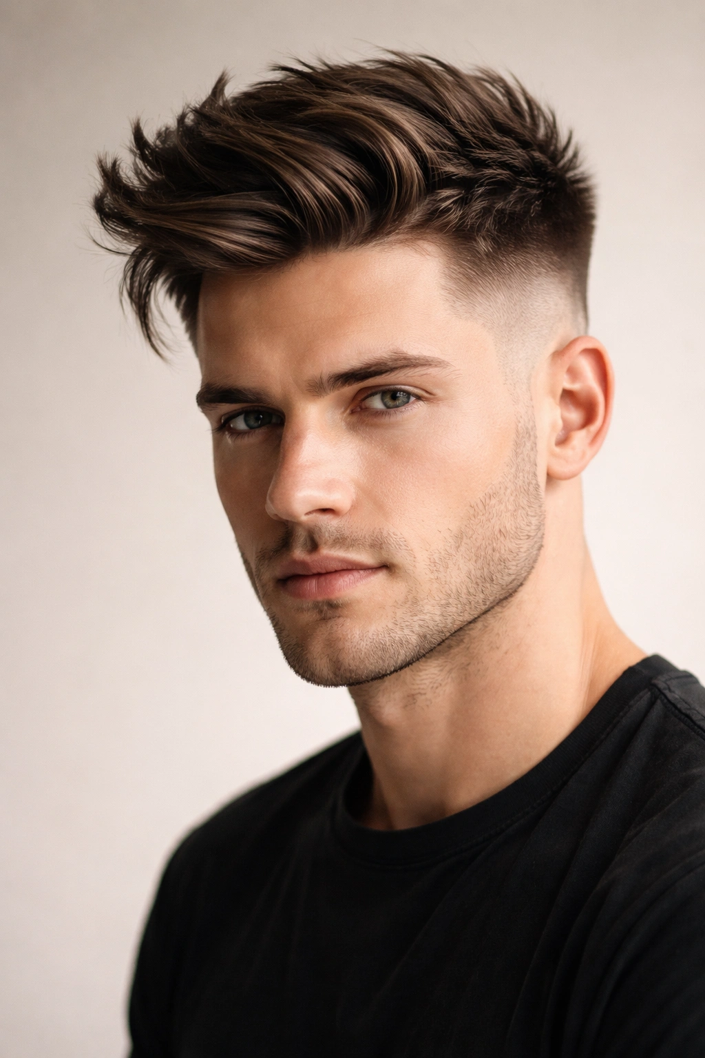 Undercut hairstyle with short sides and longer top in head-on portrait