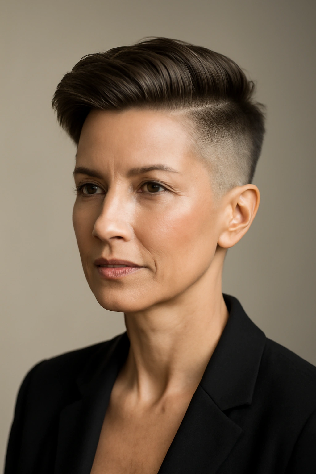 Hairstyle with shaved sides and a longer, sleek top showing strong contrast