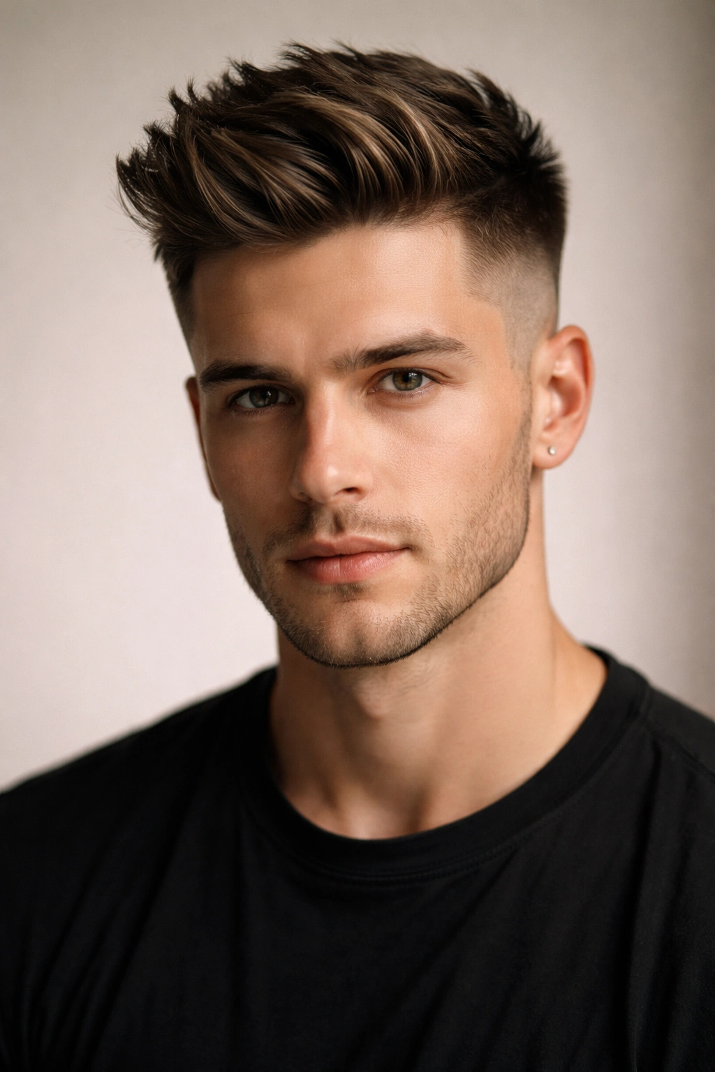 Close-up of a person with a dramatic undercut featuring short faded sides and a textured longer top