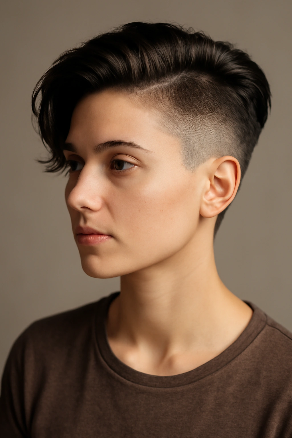 Undercut hairstyle with long top and shaved sides in a studio portrait.