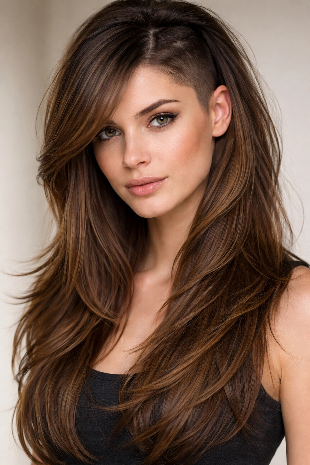 Close-up of long layered hair with hidden undercut providing texture