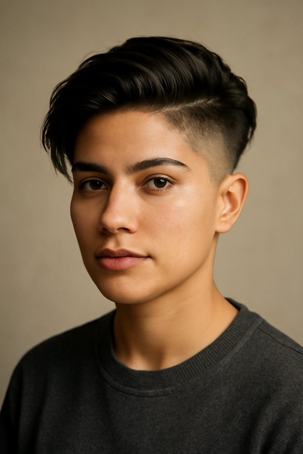 Latina woman with a barely-there undercut and long top for versatile styling.