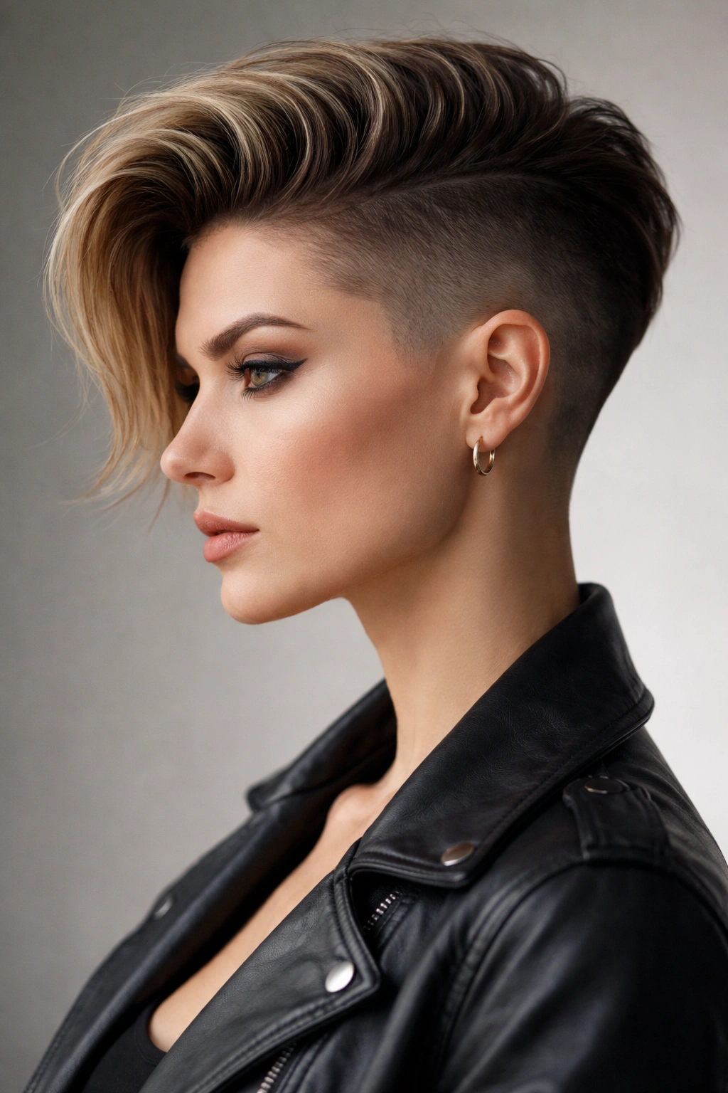 Portrait of a woman with a long top and disconnected undercut showing bold contrast between top and shaved sides