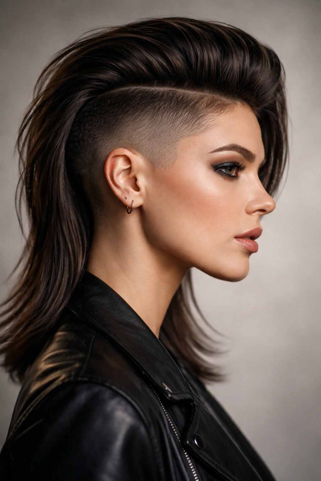Close-up side profile of a woman with a sharp shaved undercut and long top