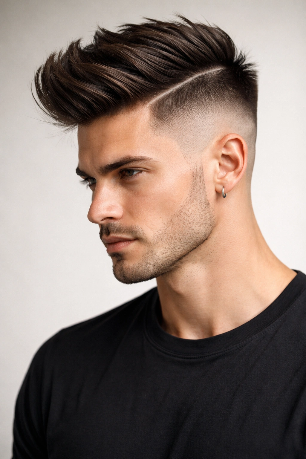 Close-up portrait of a person with a bold disconnected undercut and long textured top
