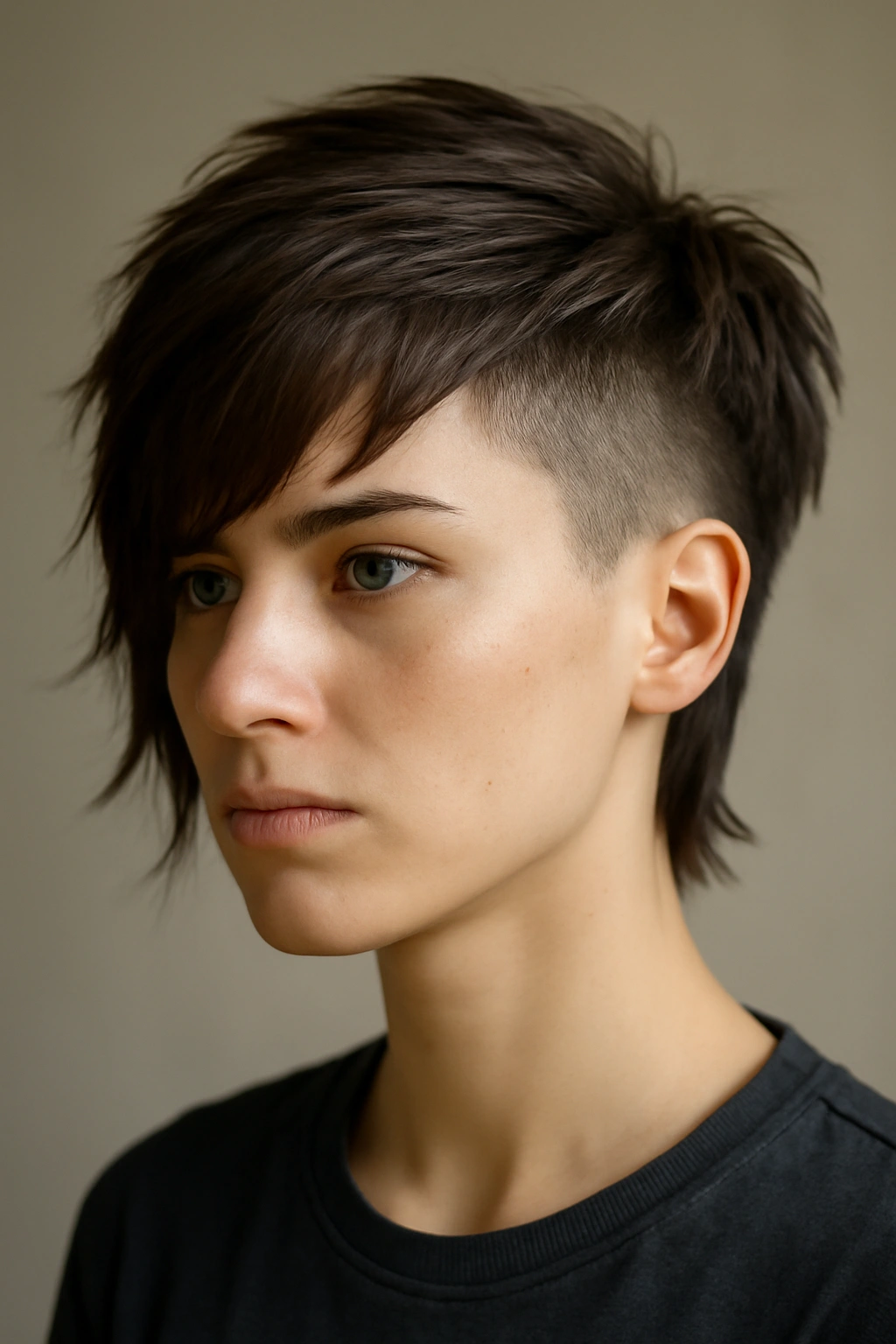 Close-up of a person showing an undercut with long textured top layers in a three-quarter view