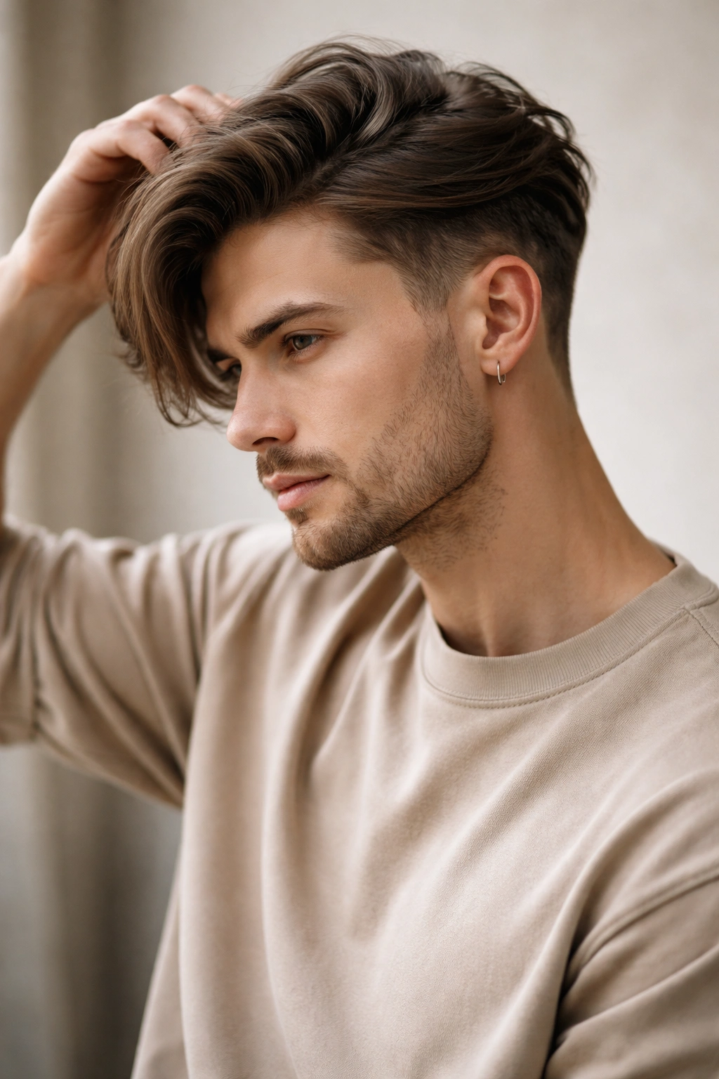 Medium-length hair with subtle undercut at nape and longer top