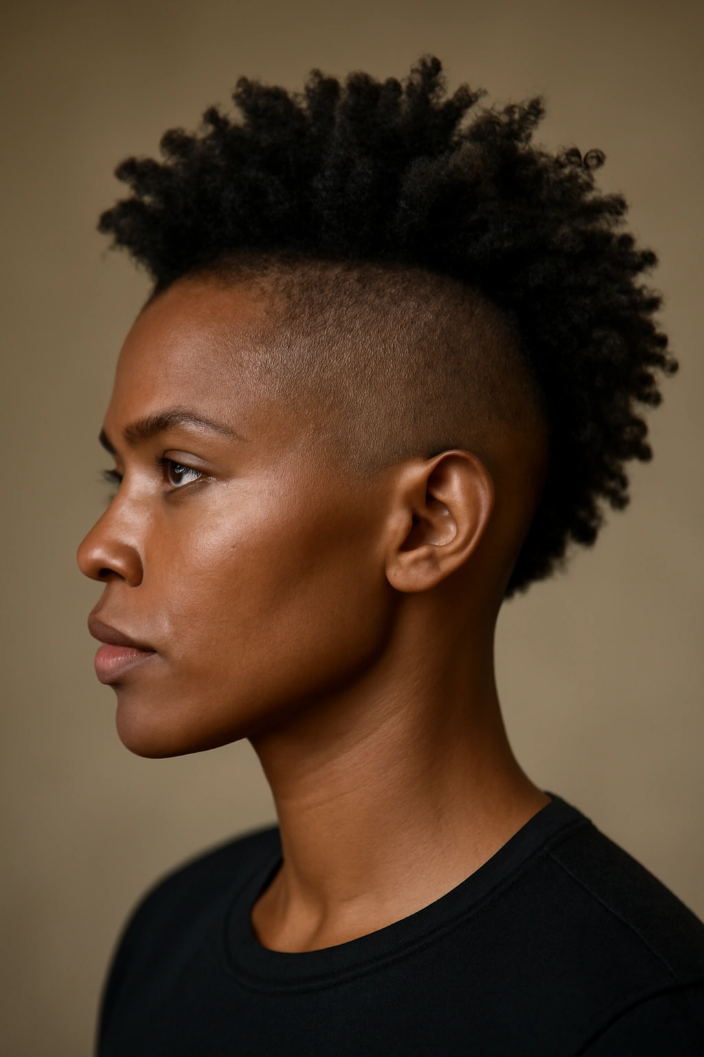 Head view of undercut with shaved sides and long center Mohawk curls