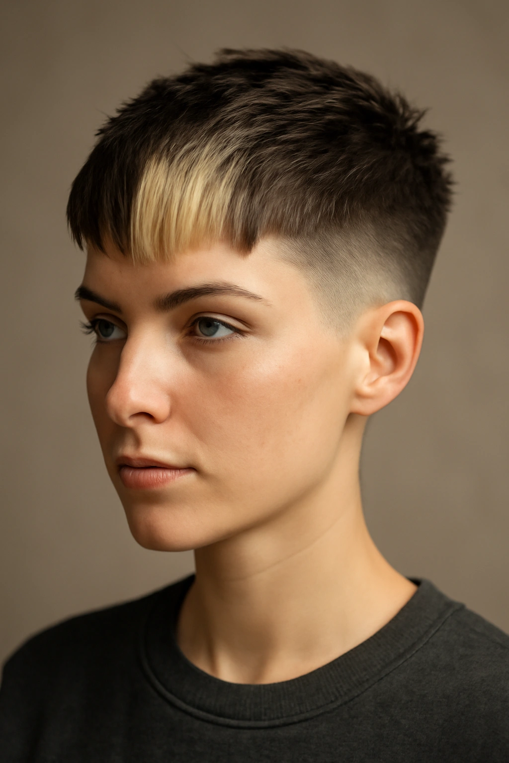 Undercut crop with contrasting money pieces on a model in studio lighting