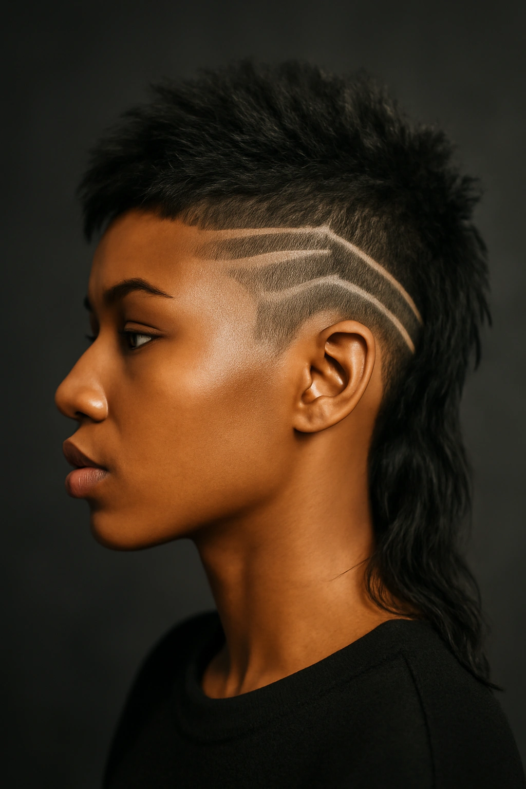 Side profile of a person with The Undercut Mullet with Design Details, showing shaved sides with bold geometric patterns.