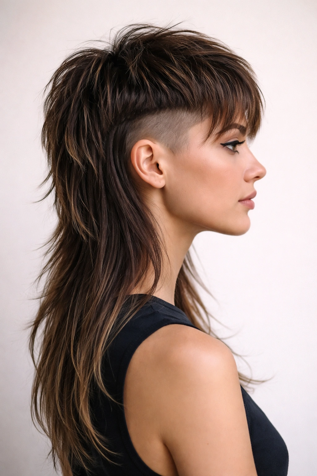 Modern disconnected undercut mullet with long back