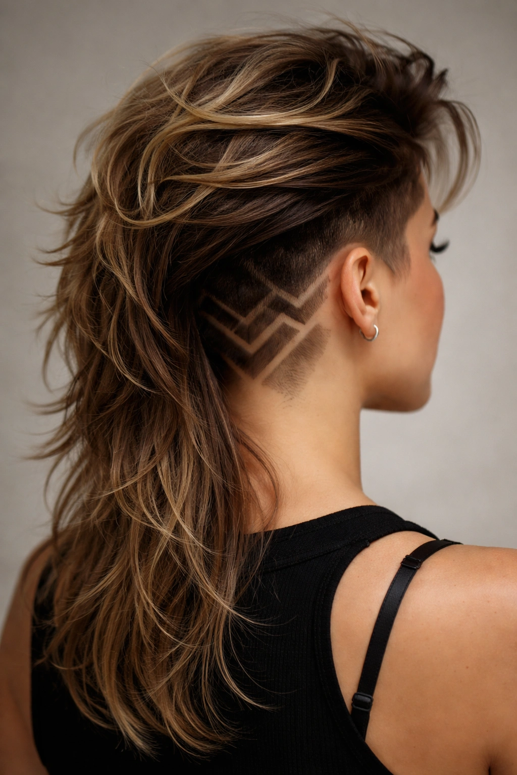 Close-up of a mullet showing geometric undercut designs at the nape with long top hair swept back