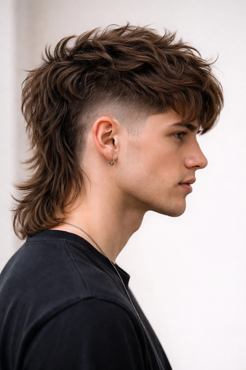 Profile view of a person with undercut mullet featuring shaved sides and long textured top