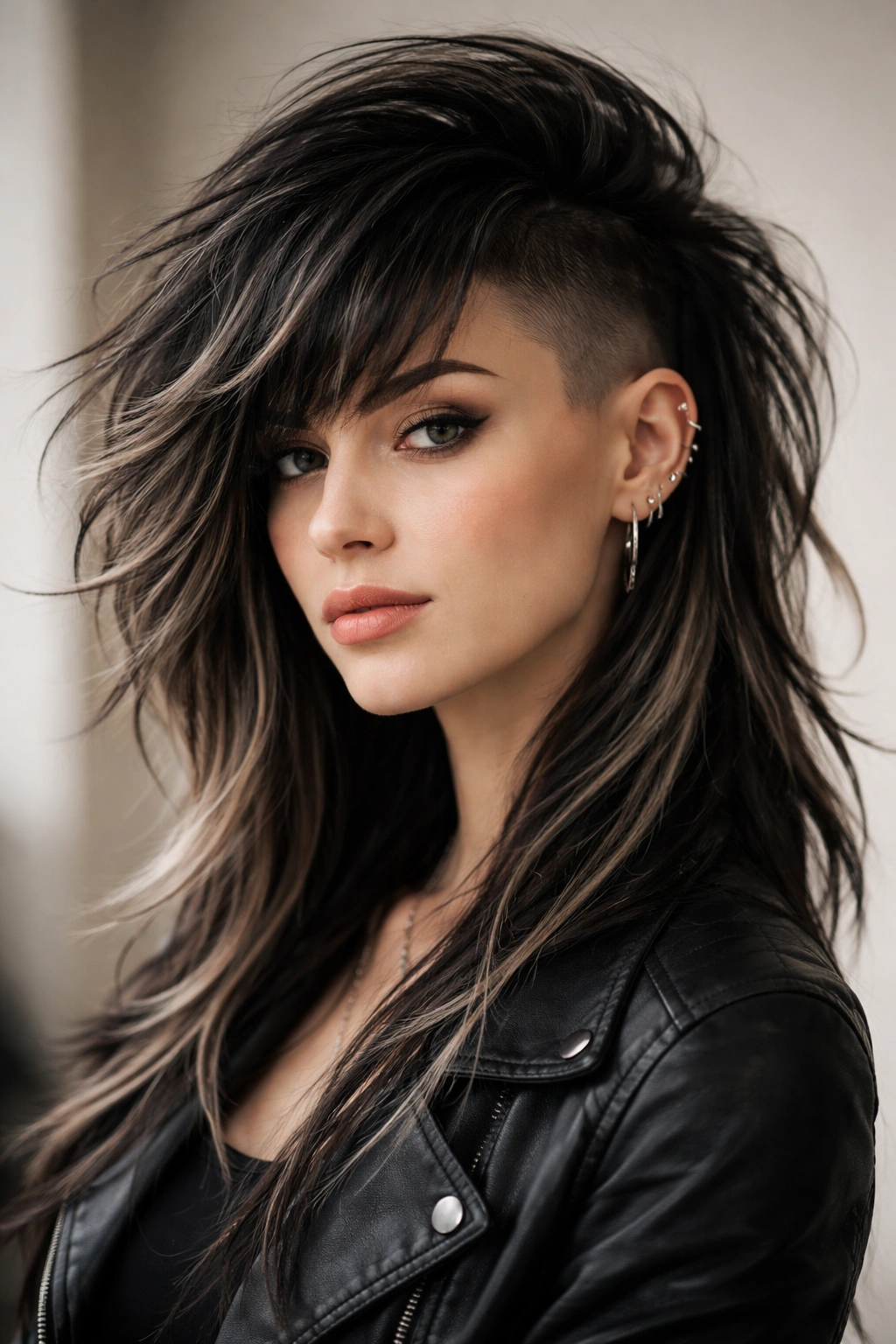 Portrait of an undercut octopus style with shaved sides and long layered top.