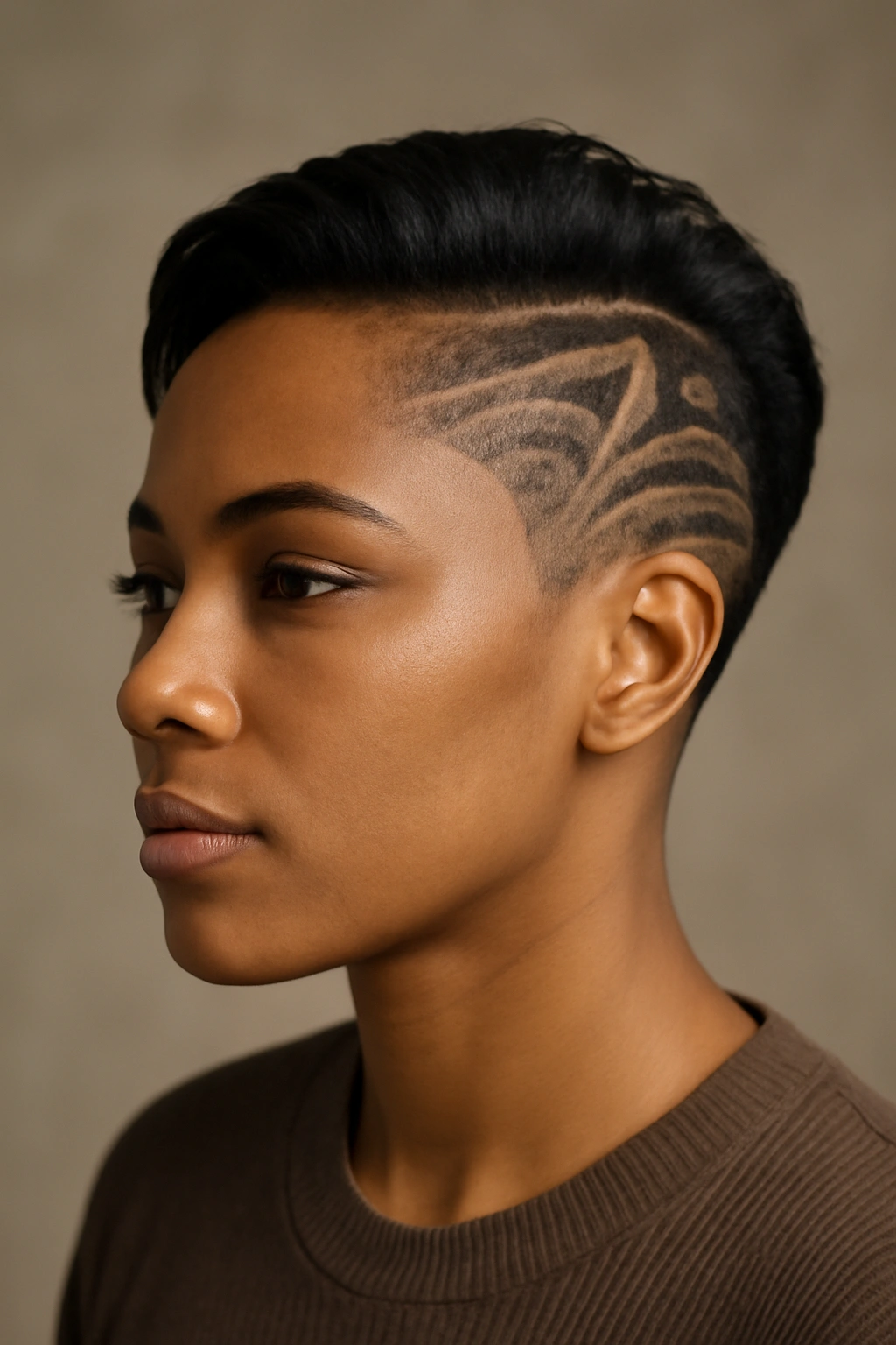 Three-quarter view of an undercut with a decorative shaved pattern on the side