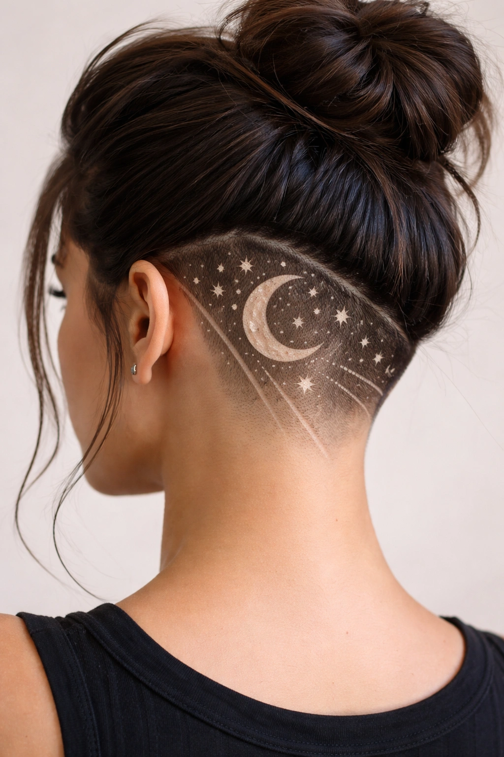 Close-up of an undercut with a celestial shaved pattern on the nape