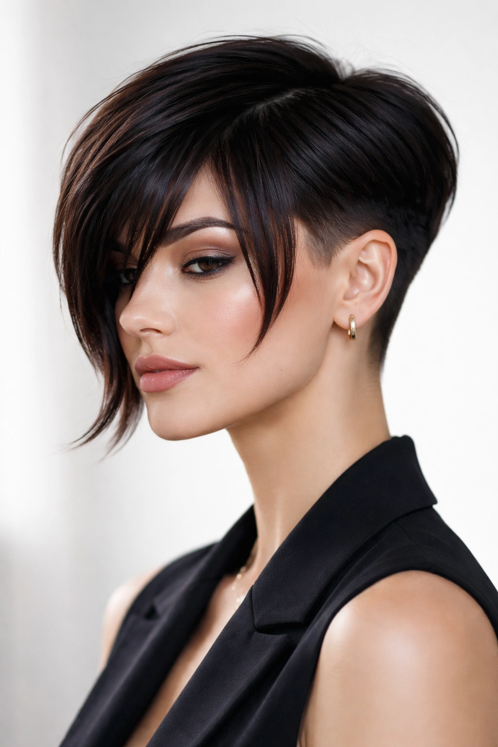Profile view of a sleek undercut pixie with dramatic curtain bangs sweeping along the jawline