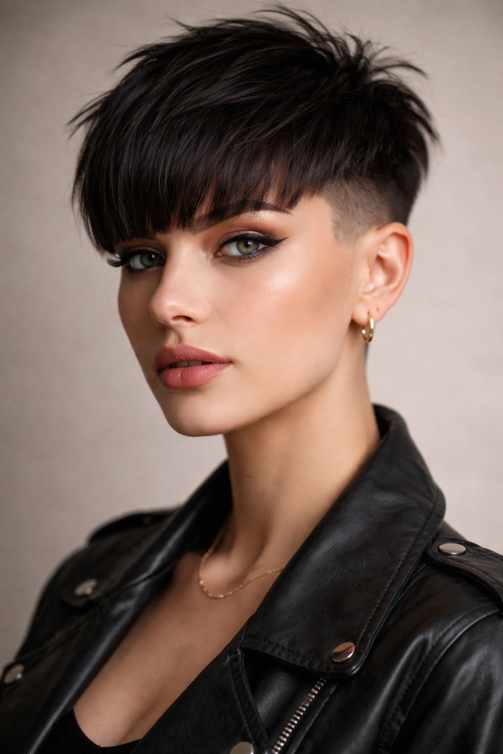 Close-up of The Undercut Pixie with Bold Bangs showing shaved sides and bold blunt bangs.