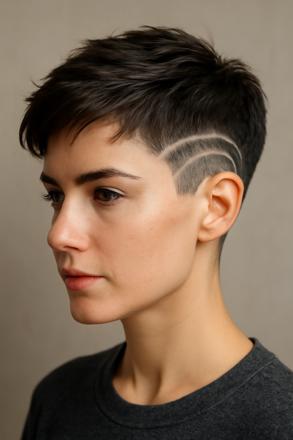Close-up of pixie with undercut design shaved into sides