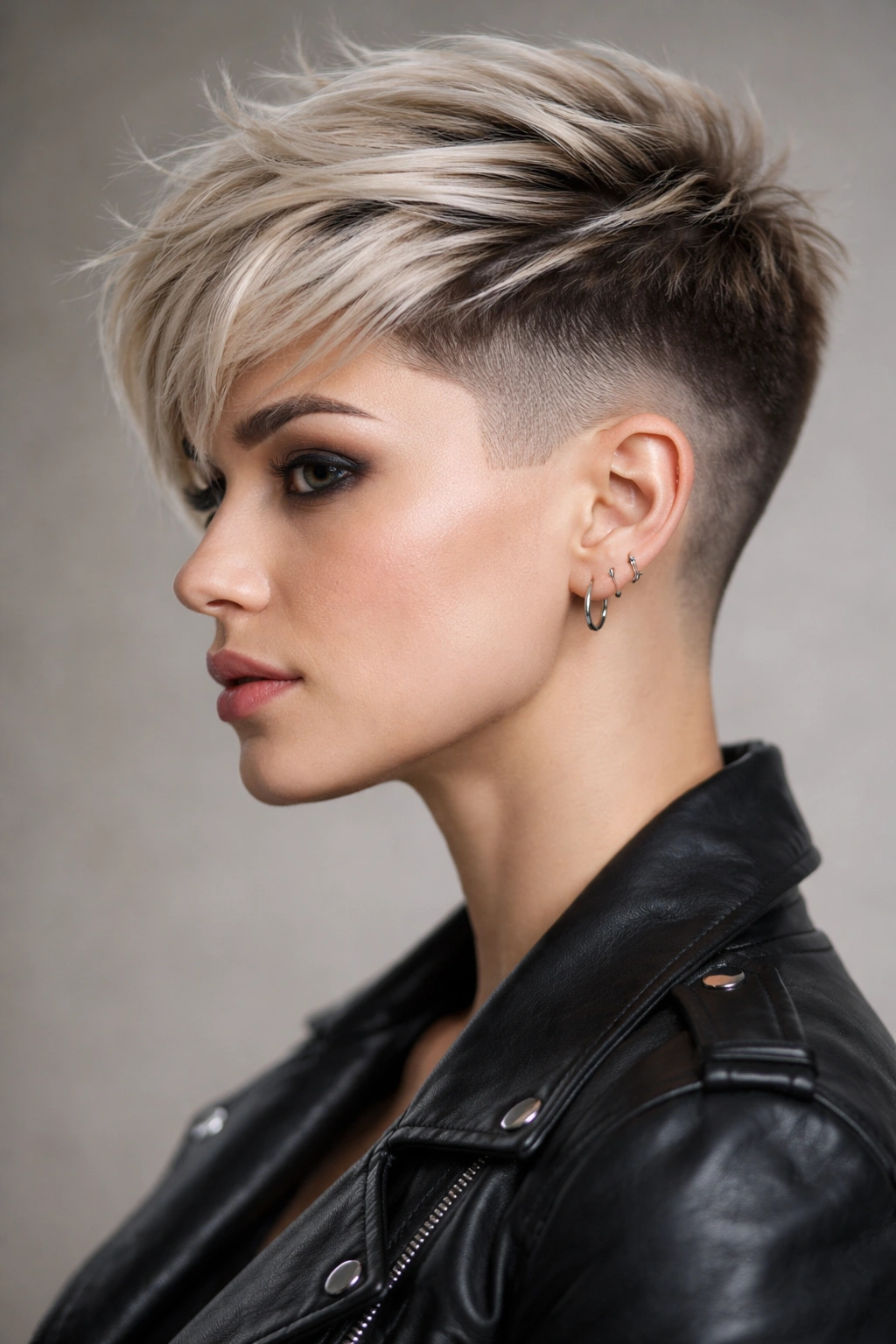 Portrait of disconnected undercut pixie showing sharp line between top and shaved sides