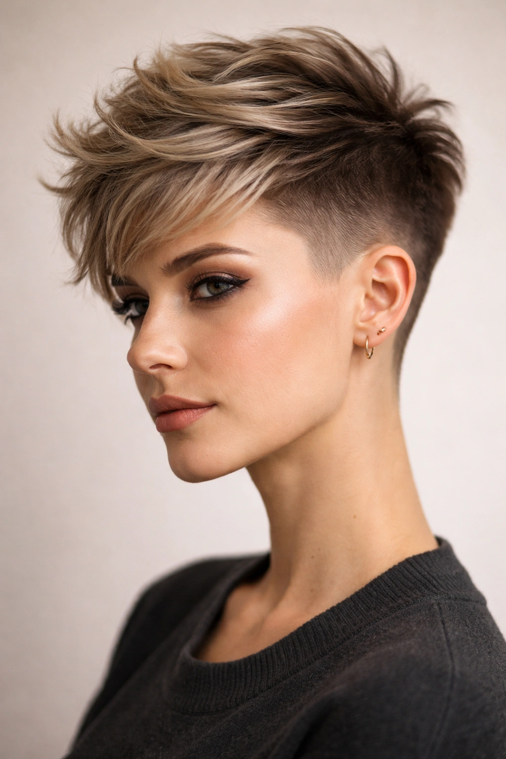 Close-up portrait of undercut pixie with shaved faded sides and textured top