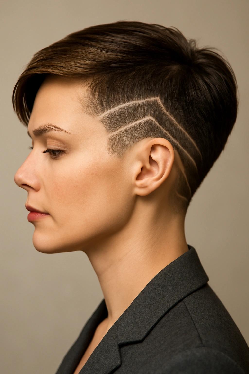 Close-up head-and-shoulders of a woman with an undercut pixie and geometric shaved design.