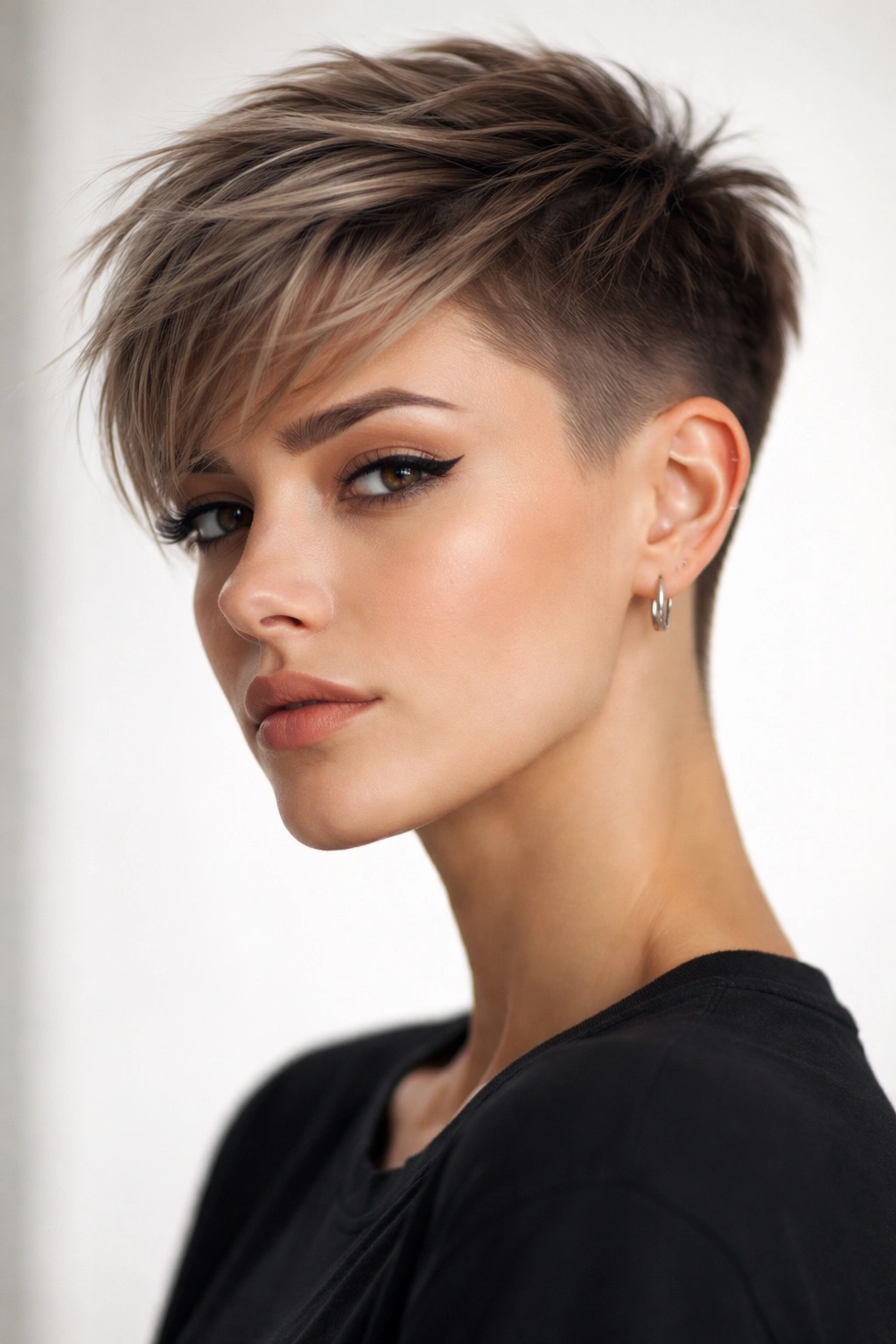 Short pixie with undercut fade along sides and back