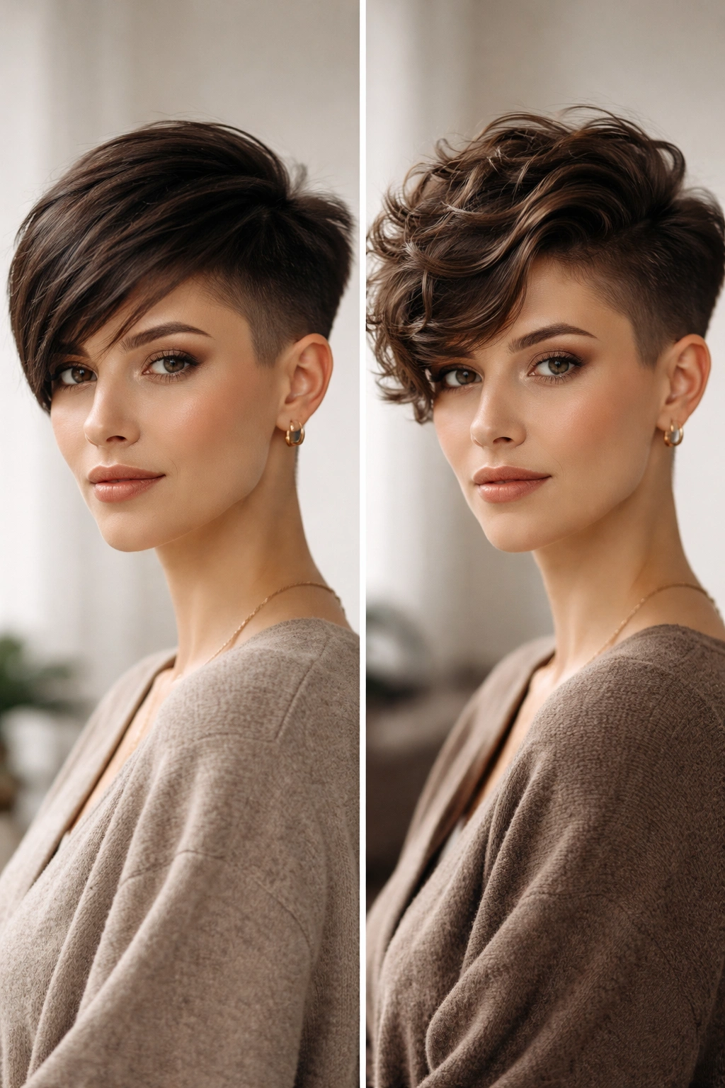 Portrait of undercut pixie showing texture and silhouette for hair type suitability