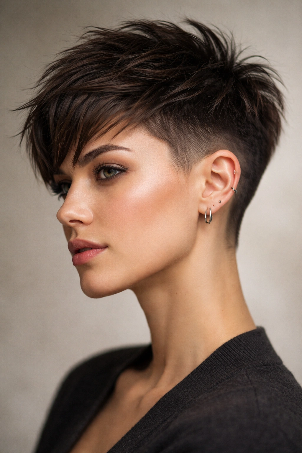 Close-up of a disconnected undercut pixie with stark contrast between shaved sides and a textured top