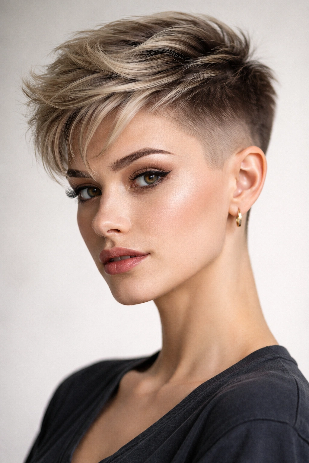 Close-up portrait of an undercut pixie with shaved sides and textured top in studio lighting