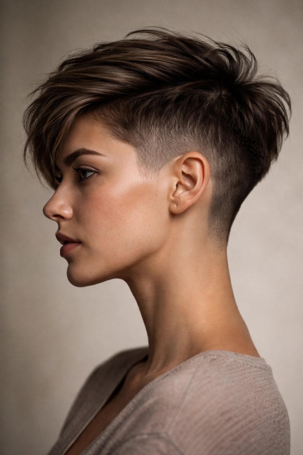 Side profile of an undercut pixie with shaved sides and longer top