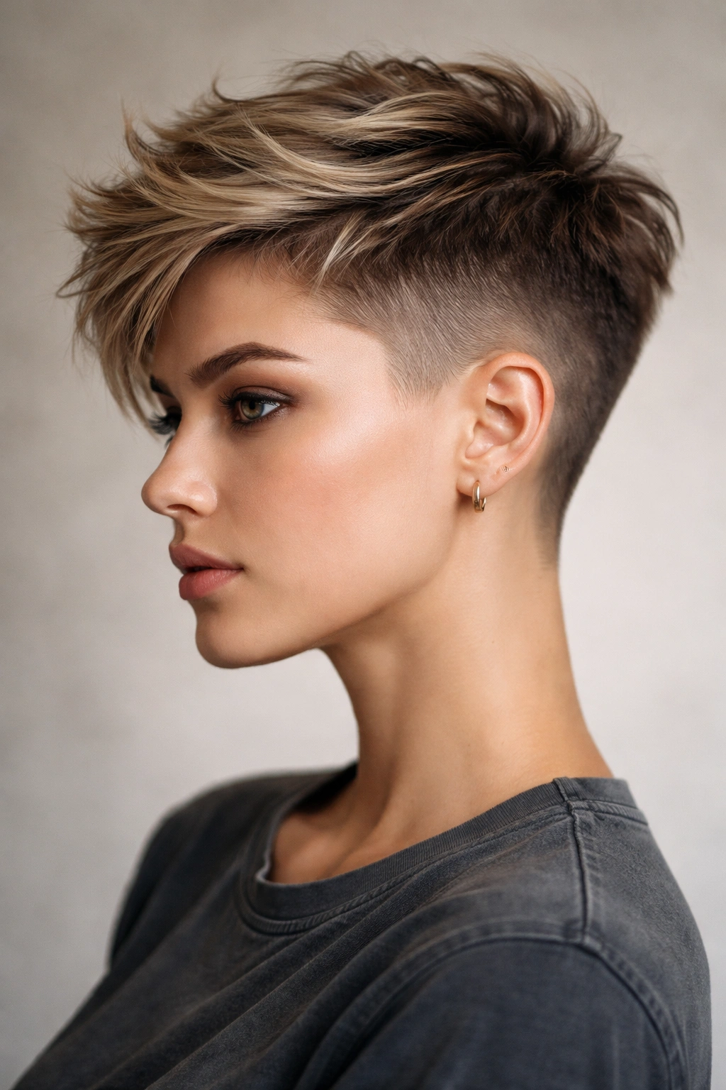 Portrait of a person with an undercut pixie featuring shaved sides and longer top