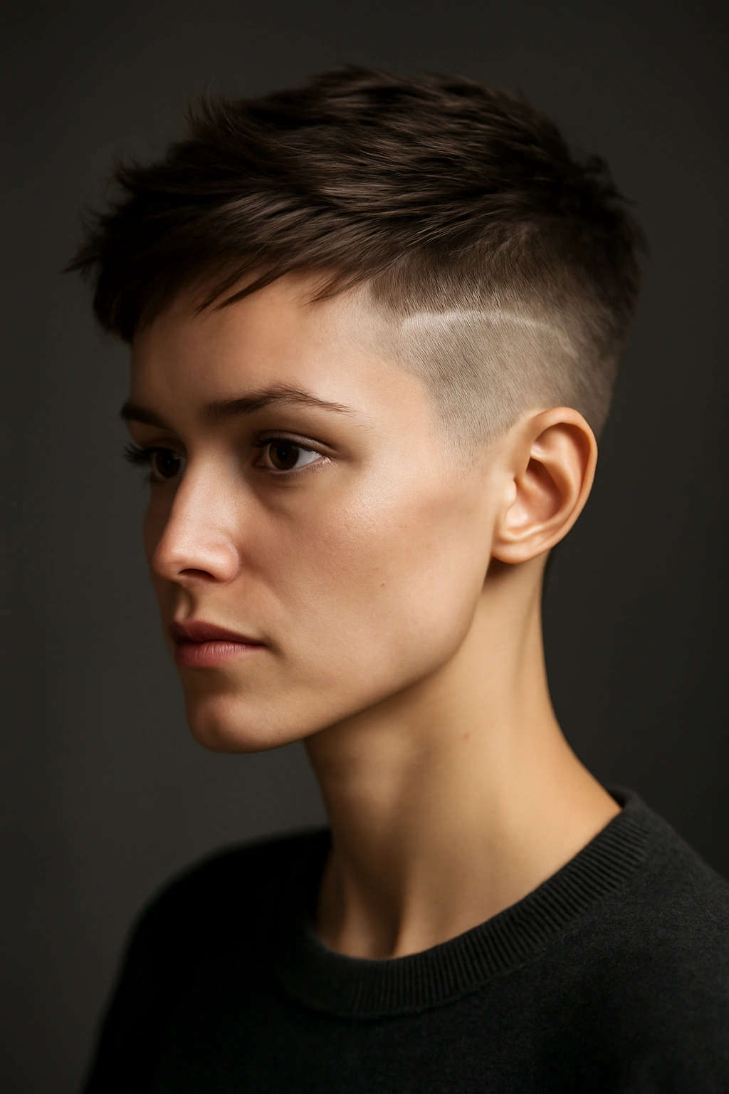 Portrait of The Undercut Pixie with shaved sides and longer top in studio lighting
