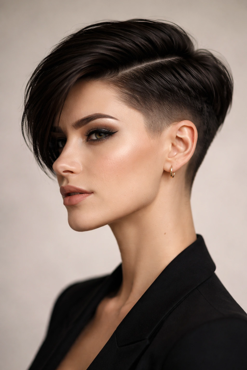 Portrait of sleek long pixie with undercut showing stark contrast between short sides and long top.